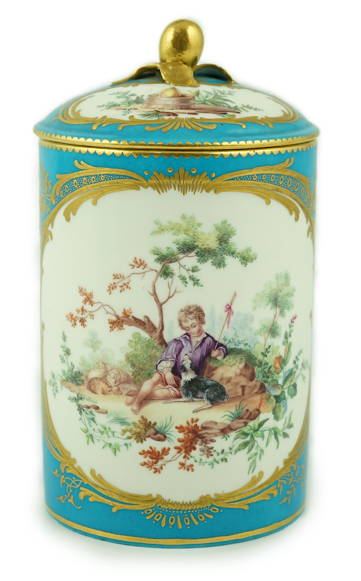 A Sevres bleu-celeste ground tobacco jar and cover (Pot à tabac), date code for 1759